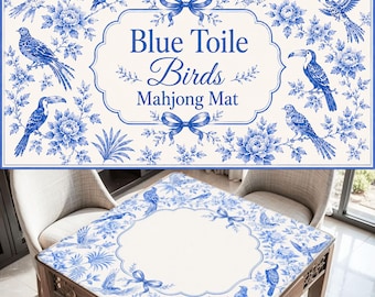 Blue Toile Birds Mahjong Mat, Chinoiserie Bird Mahjong Table Cover, Blue & White Floral Game Mat