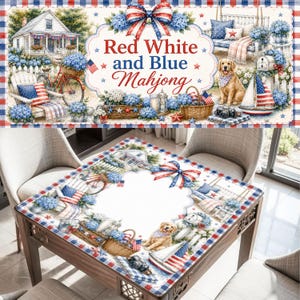 May include: A square table cover featuring a patriotic theme with red, white, and blue plaid borders. The design includes illustrations of a house, a bicycle, a golden retriever, a sailboat, and blue hydrangea flowers, with the text Red White and Blue Mahjong.