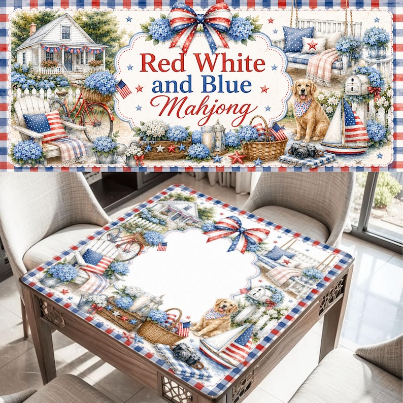 May include: A square table cover featuring a patriotic theme with red, white, and blue plaid borders. The design includes illustrations of a house, a bicycle, a golden retriever, a sailboat, and blue hydrangea flowers, with the text Red White and Blue Mahjong.