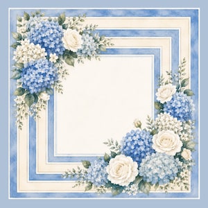 Op de afbeelding: Waterverfillustratie van een vierkante lijst met een bloemenontwerp. De lijst heeft een lichtblauw en cr&egrave;mekleurig kleurenschema. Blauwe hortensia's en witte rozen zijn in de hoeken gerangschikt, met groene bladeren en kleine witte bloemen.