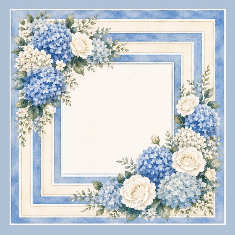 Op de afbeelding: Waterverfillustratie van een vierkante lijst met een bloemenontwerp. De lijst heeft een lichtblauw en cr&egrave;mekleurig kleurenschema. Blauwe hortensia's en witte rozen zijn in de hoeken gerangschikt, met groene bladeren en kleine witte bloemen.