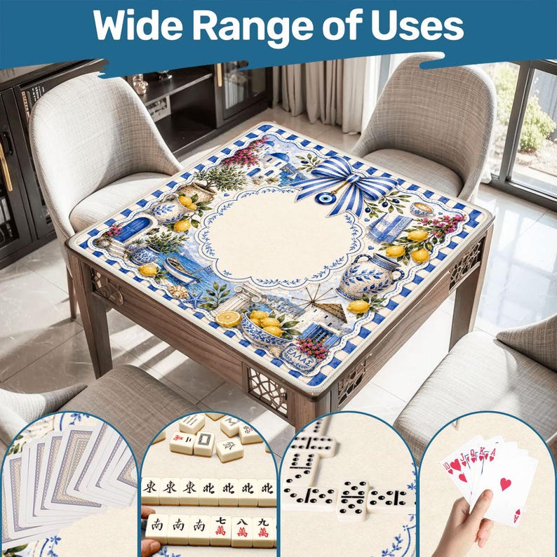 Santorini Dreams Mahjong Mat, Greece Mahjong Mat, Mediterranean Mahjong Gift, Blue White Coastal Mahjong Table Cover, Greek Island Decor afbeelding 5