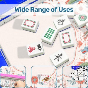May include: A set of white Mahjong tiles with blue, green, red, and black markings, including characters and symbols. The image features the text Wide Range of Uses and three smaller inset panels showing tiles, playing cards, and dominoes.