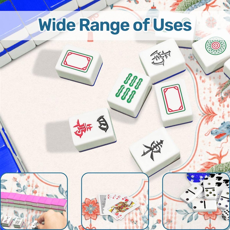 May include: A set of white Mahjong tiles with blue, green, red, and black markings, including characters and symbols. The image features the text Wide Range of Uses and three smaller inset panels showing tiles, playing cards, and dominoes.