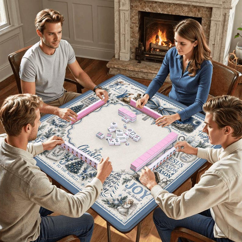 May include: A group of four people playing a game of Mahjong around a square table. The table has a blue border and a cream-colored center with Christmas-themed imagery and text. Pink tile racks and tiles are visible.