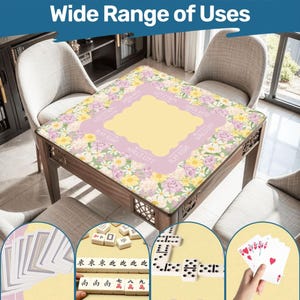 May include: A wooden table with a floral patterned top, surrounded by chairs. The table's surface features a light purple border with text and a yellow center. The image also shows examples of card games, dominoes, and Mahjong.