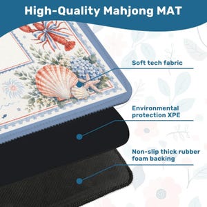 May include: High-Quality Mahjong MAT with a coastal design featuring a lobster, seashells, and starfish. The mat has a soft tech fabric, environmental protection XPE, and a non-slip thick rubber foam backing.