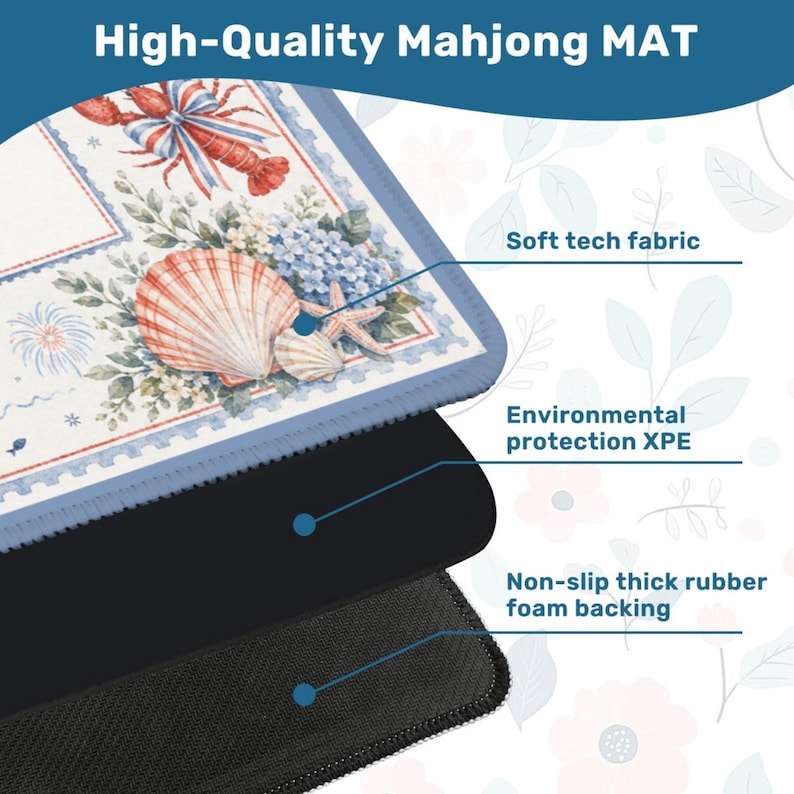 May include: High-Quality Mahjong MAT with a coastal design featuring a lobster, seashells, and starfish. The mat has a soft tech fabric, environmental protection XPE, and a non-slip thick rubber foam backing.