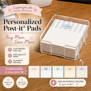 Peut inclure: Bloc-notes Post-it® personnalisés dans un support en acrylique. Les blocs-notes présentent un motif à rayures avec des initiales. L'image comprend le texte "Personnalisé avec VOS INITIALES", "Achetez plus, économisez plus" et "5 MODÈLES au choix!"