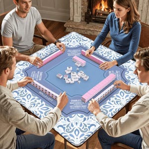 May include: Four people playing Mahjong around a square table. The table has a blue and white patterned surface with a central blue area. Pink tile racks and white tiles are visible. Text on the table reads "CHARLESTON" and "WALLS LEFT".