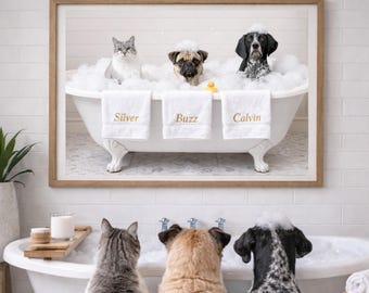 Badkamer muurkunst huisdier | Grappige honden- en kattenbadfoto | Bewerkbare canvaslijstweergave | Afdrukbaar decor huisdierliefhebber