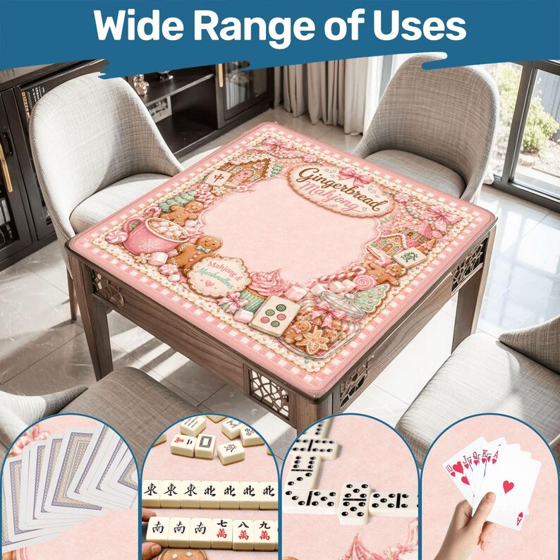 May include: A square pink game mat featuring a Gingerbread Mahjong theme with illustrations of gingerbread cookies, candy canes, marshmallows, and cupcakes. The mat includes the text Gingerbread Mahjong and Mahjong & Marshmallows.