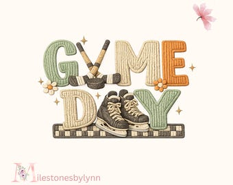 May include: A decorative image with the words "GAME DAY" in textured letters, featuring hockey sticks, a puck, and ice skates. The color palette includes green, beige, and orange, with floral accents and starbursts.