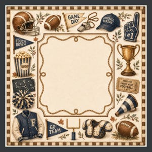May include: A square decorative frame featuring a central blank space surrounded by football-themed illustrations including a helmet, footballs, a whistle, a cap, a foam finger, a trophy, a popcorn bucket, a playbook, a pom-pom, a jacket, and a megaphone.