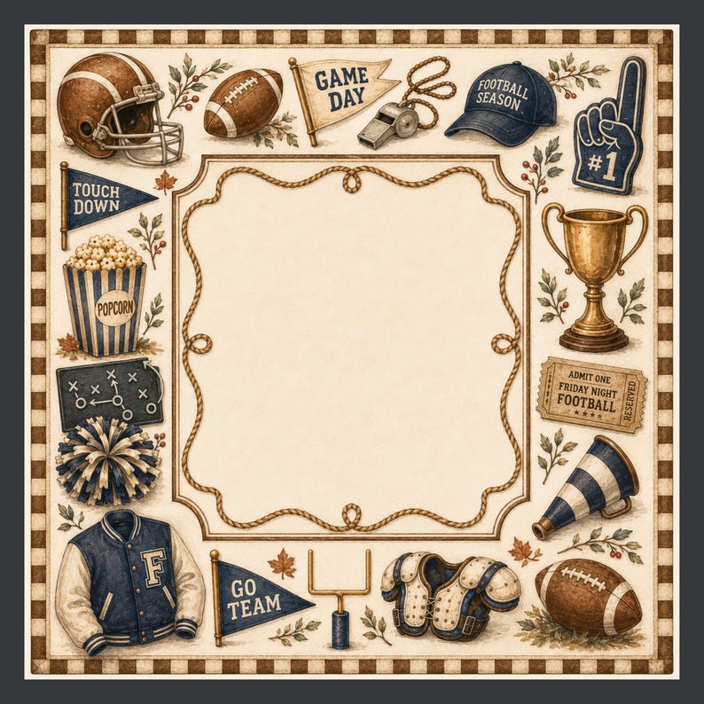 May include: A square decorative frame featuring a central blank space surrounded by football-themed illustrations including a helmet, footballs, a whistle, a cap, a foam finger, a trophy, a popcorn bucket, a playbook, a pom-pom, a jacket, and a megaphone.