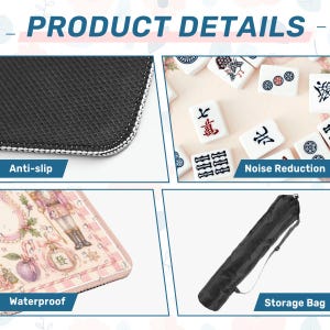 May include: Product details image showing a black anti-slip surface, white mahjong tiles, a pink waterproof surface, and a black storage bag. The image includes text labels: "Anti-slip", "Noise Reduction", "Waterproof", and "Storage Bag".