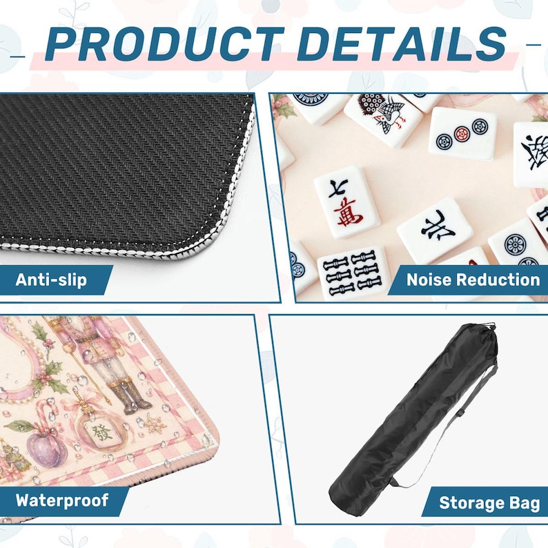 May include: Product details image showing a black anti-slip surface, white mahjong tiles, a pink waterproof surface, and a black storage bag. The image includes text labels: "Anti-slip", "Noise Reduction", "Waterproof", and "Storage Bag".