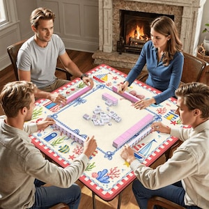 May include: A square Mahjong game table with a nautical theme, featuring a cream-colored surface with red trim and illustrations of sailboats, coral, and starfish. Pink tile racks and tiles are arranged around the table, with four people playing.