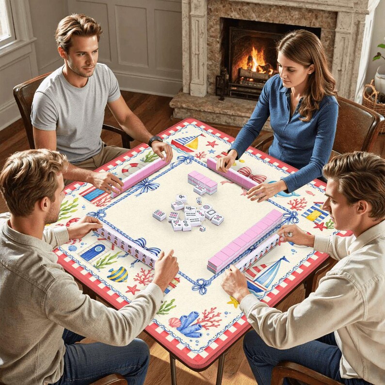 May include: A square Mahjong game table with a nautical theme, featuring a cream-colored surface with red trim and illustrations of sailboats, coral, and starfish. Pink tile racks and tiles are arranged around the table, with four people playing.