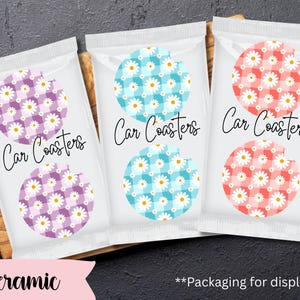 Car Coasters, Ceramic Gingham Daisy Car Accessories for Women, Cute Drink Coasters, Auto Decor, Stocking Stuffer, Clean Freak Gift