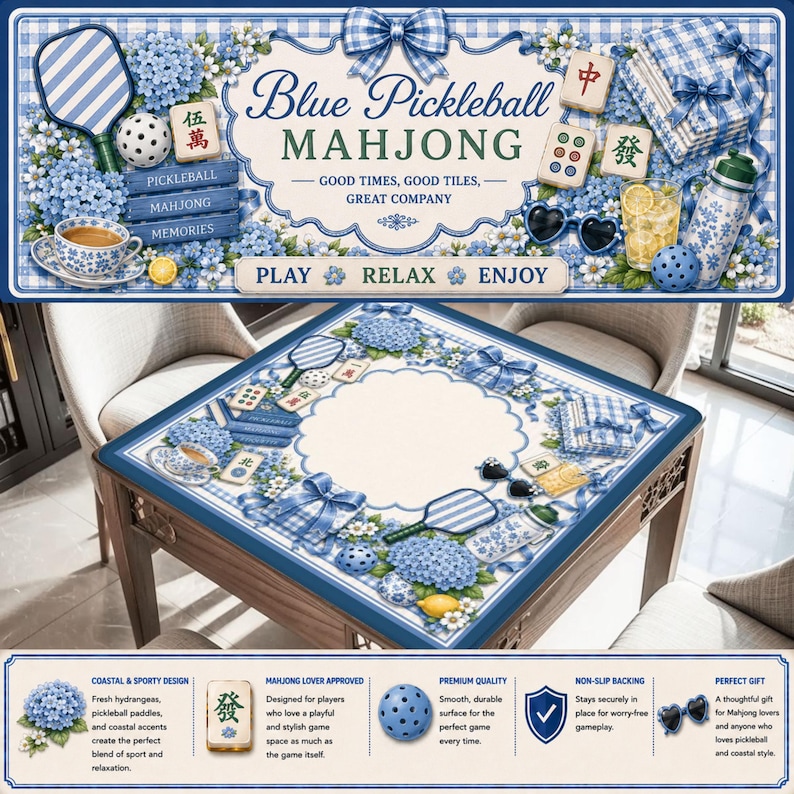 May include: A square mahjong table with a blue and white floral design, featuring the text "Blue Pickleball Mahjong." The table is decorated with pickleball paddles, mahjong tiles, and a teacup. The design includes hydrangeas and bows.