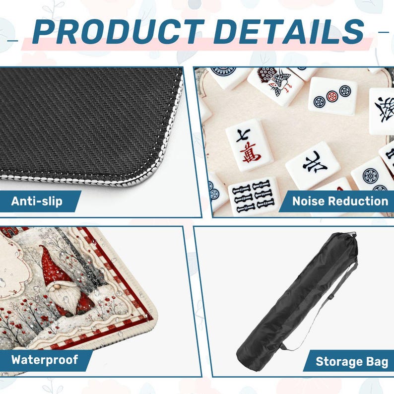 May include: A product detail collage showing a black anti-slip mat texture, white mahjong tiles for noise reduction, a waterproof mat surface featuring a gnome in a snowy forest, and a black cylindrical storage bag with an adjustable shoulder strap.