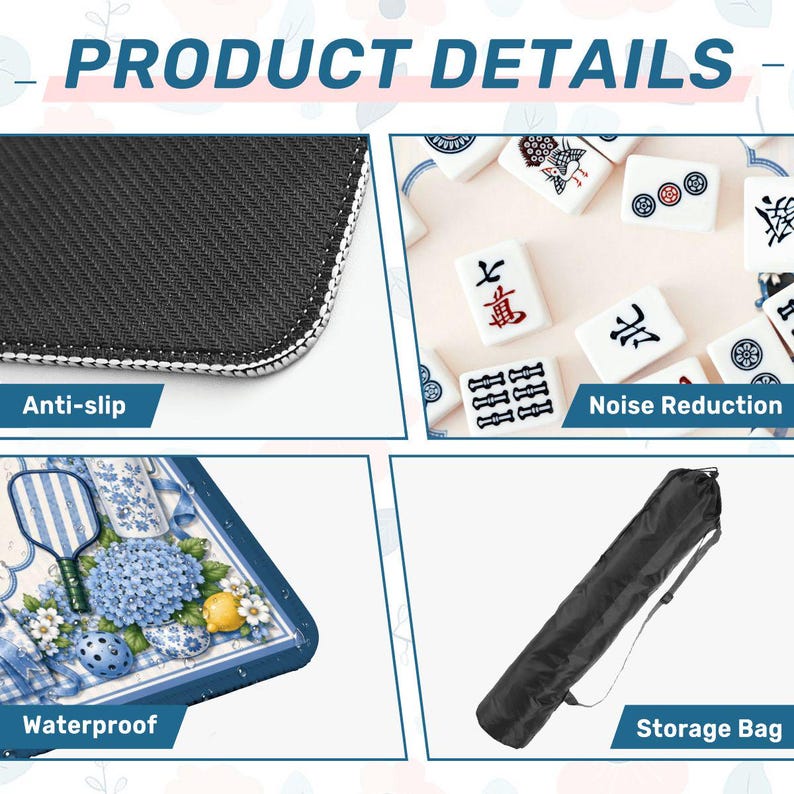 May include: Product details image featuring a close-up of a black anti-slip surface with white stitching, Mahjong tiles, a waterproof surface with floral design, and a black storage bag.