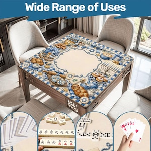 May include: A wooden table with a decorative top featuring a blue and white design with food and religious symbols. The table is surrounded by chairs and has various game pieces displayed below, including cards, dominoes, and mahjong tiles. Text at the top reads "Wide Range of Uses."