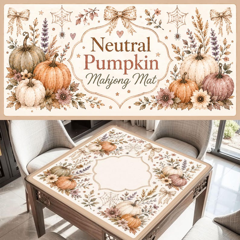 Puede incluir: Una alfombrilla de mahjong rectangular con fondo crema y un marco decorativo central que contiene el texto Neutral Pumpkin Mahjong Mat. El dise&ntilde;o incluye ilustraciones de calabazas, hojas de oto&ntilde;o, flores y lazos en tonos suaves.
