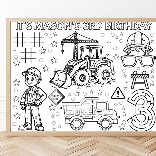 Mantel individual para colorear con temática de construcción para fiestas infantiles, hoja de actividades imprimible para mesa, dibujo de camión naranja para colorear.