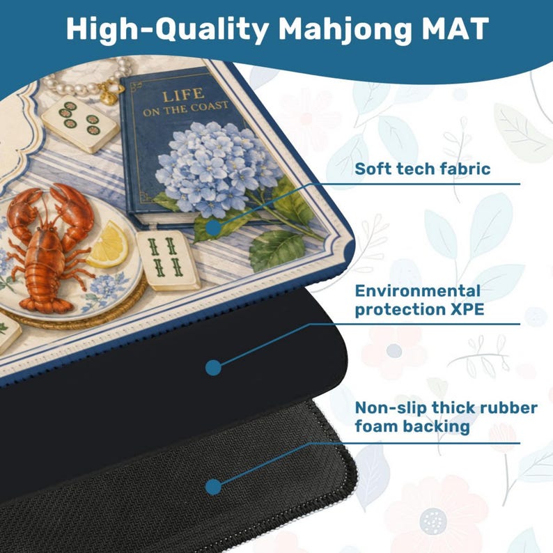 May include: A high-quality Mahjong mat with a coastal theme. The mat features a detailed illustration of a lobster, a book titled "Life on the Coast," and blue hydrangeas. The mat has a soft tech fabric, environmental protection XPE, and a non-slip thick rubber foam backing.