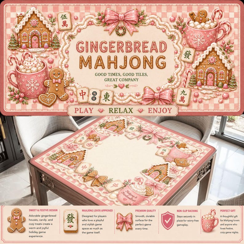 May include: A pink and white Gingerbread Mahjong game set. The game mat features gingerbread houses, bows, and mugs of hot cocoa. The text on the mat reads "Gingerbread Mahjong" and "Play, Relax, Enjoy."