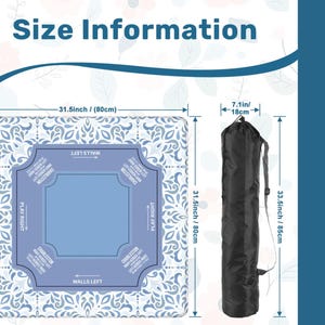 May include: A square blue and white patterned game mat with a central blue area, labeled "Charleston" and "Play Right/Left." The mat is 31.5 inches (80cm) square. A black carrying bag is shown, 33.5 inches (85cm) long and 7.1 inches (18cm) wide.