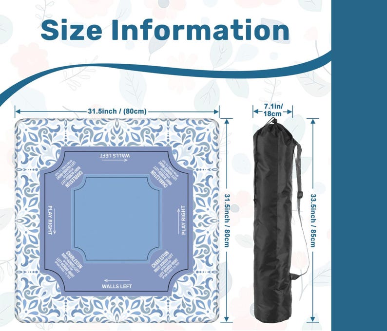 May include: A square blue and white patterned game mat with a central blue area, labeled "Charleston" and "Play Right/Left." The mat is 31.5 inches (80cm) square. A black carrying bag is shown, 33.5 inches (85cm) long and 7.1 inches (18cm) wide.