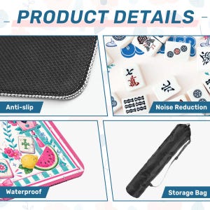 May include: Product details image showing a close-up of a black anti-slip surface, white Mahjong tiles, a colorful waterproof surface with fruit illustrations, and a black storage bag. The text "PRODUCT DETAILS" is at the top.