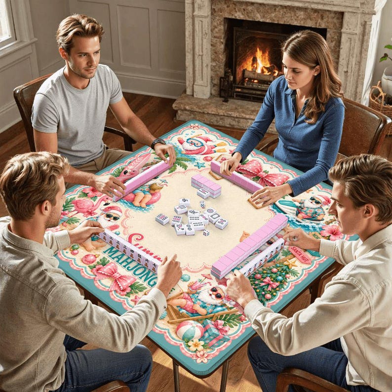 May include: A square Mahjong table with a colorful tropical design, featuring flamingos, Santa hats, and beach elements. Four people are playing the game, with pink tile racks and white tiles visible.