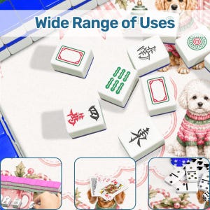 May include: A set of white mahjong tiles with green, red, and black symbols, including characters and patterns. The image features the text Wide Range of Uses and includes smaller inset panels showing playing cards and dominoes on a patterned surface.