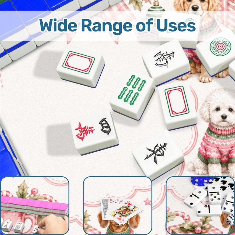May include: A set of white mahjong tiles with green, red, and black symbols, including characters and patterns. The image features the text Wide Range of Uses and includes smaller inset panels showing playing cards and dominoes on a patterned surface.