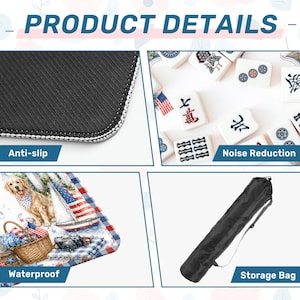 May include: A product details graphic featuring a black anti-slip mat texture, white mahjong tiles for noise reduction, a mat with a golden retriever and sailboat print for waterproof features, and a black cylindrical storage bag with a shoulder strap.