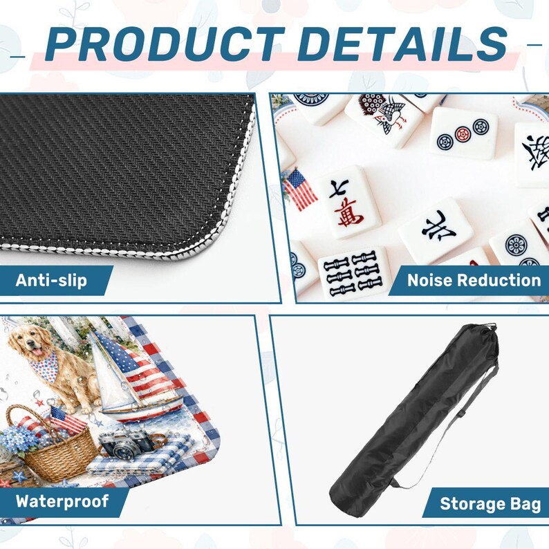 May include: A product details graphic featuring a black anti-slip mat texture, white mahjong tiles for noise reduction, a mat with a golden retriever and sailboat print for waterproof features, and a black cylindrical storage bag with a shoulder strap.
