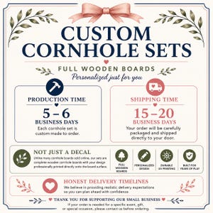 May include: A white informational graphic with dark blue text reading CUSTOM CORNHOLE SETS, FULL WOODEN BOARDS, and details about production time, shipping time, and product features including full wooden boards, personalized design, and UV printing.