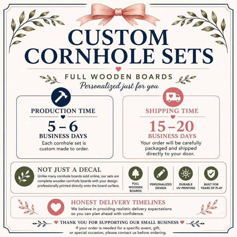 May include: A white informational graphic with dark blue text reading CUSTOM CORNHOLE SETS, FULL WOODEN BOARDS, and details about production time, shipping time, and product features including full wooden boards, personalized design, and UV printing.