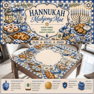 May include: A Hannukah Mahjong Mat with a festive design. The mat features classic symbols, blue and white colours, and holiday charm. The mat is designed for Mahjong lovers and is a perfect gift.