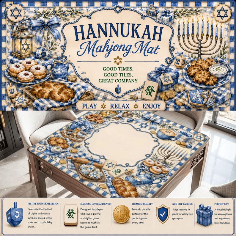 May include: A Hannukah Mahjong Mat with a festive design. The mat features classic symbols, blue and white colours, and holiday charm. The mat is designed for Mahjong lovers and is a perfect gift.