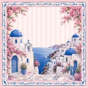 Pode incluir: Um len&ccedil;o decorativo quadrado com uma cena costeira mediterr&acirc;nica de edif&iacute;cios brancos, c&uacute;pulas azuis e flores de buganv&iacute;lia cor-de-rosa. A ilustra&ccedil;&atilde;o central &eacute; emoldurada por uma borda de motivos florais azuis e rosas num fundo rosa claro.