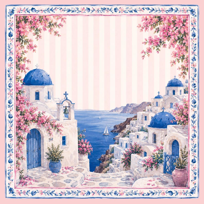Pode incluir: Um len&ccedil;o decorativo quadrado com uma cena costeira mediterr&acirc;nica de edif&iacute;cios brancos, c&uacute;pulas azuis e flores de buganv&iacute;lia cor-de-rosa. A ilustra&ccedil;&atilde;o central &eacute; emoldurada por uma borda de motivos florais azuis e rosas num fundo rosa claro.