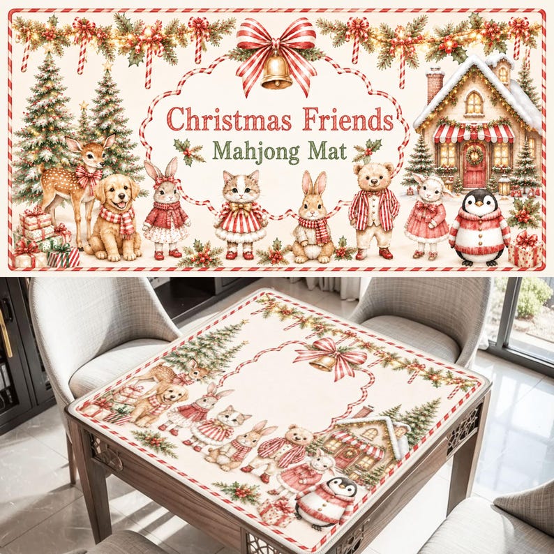 Puede incluir: Una alfombrilla de mahjong rectangular con tem&aacute;tica navide&ntilde;a que presenta un ciervo, un cachorro, conejos, un gato, un oso de peluche y un ping&uuml;ino con ropa de invierno roja y blanca. La alfombrilla muestra una casa nevada, pinos y el texto Christmas Friends Mahjong Mat.