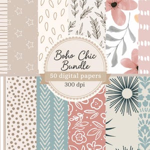 Boho Chic Digital Paper Bundle, Neutral Boho Patterns, 50 Seamless Backgrounds, Scrapbook Paper Pack, Printable Craft Paper