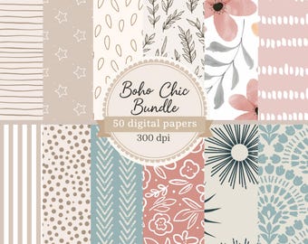 Digitalt papperspaket med bohemiskt chic-motiv, neutrala bohemiska mönster, 50 sömlösa bakgrunder, scrapbookingpapper, utskrivbart hobbypapper