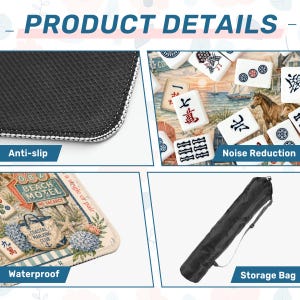 May include: A mahjong play mat featuring a coastal beach motel graphic with a black anti-slip textured underside, noise-reducing surface, waterproof material, and a black cylindrical storage bag with an adjustable shoulder strap for transport.